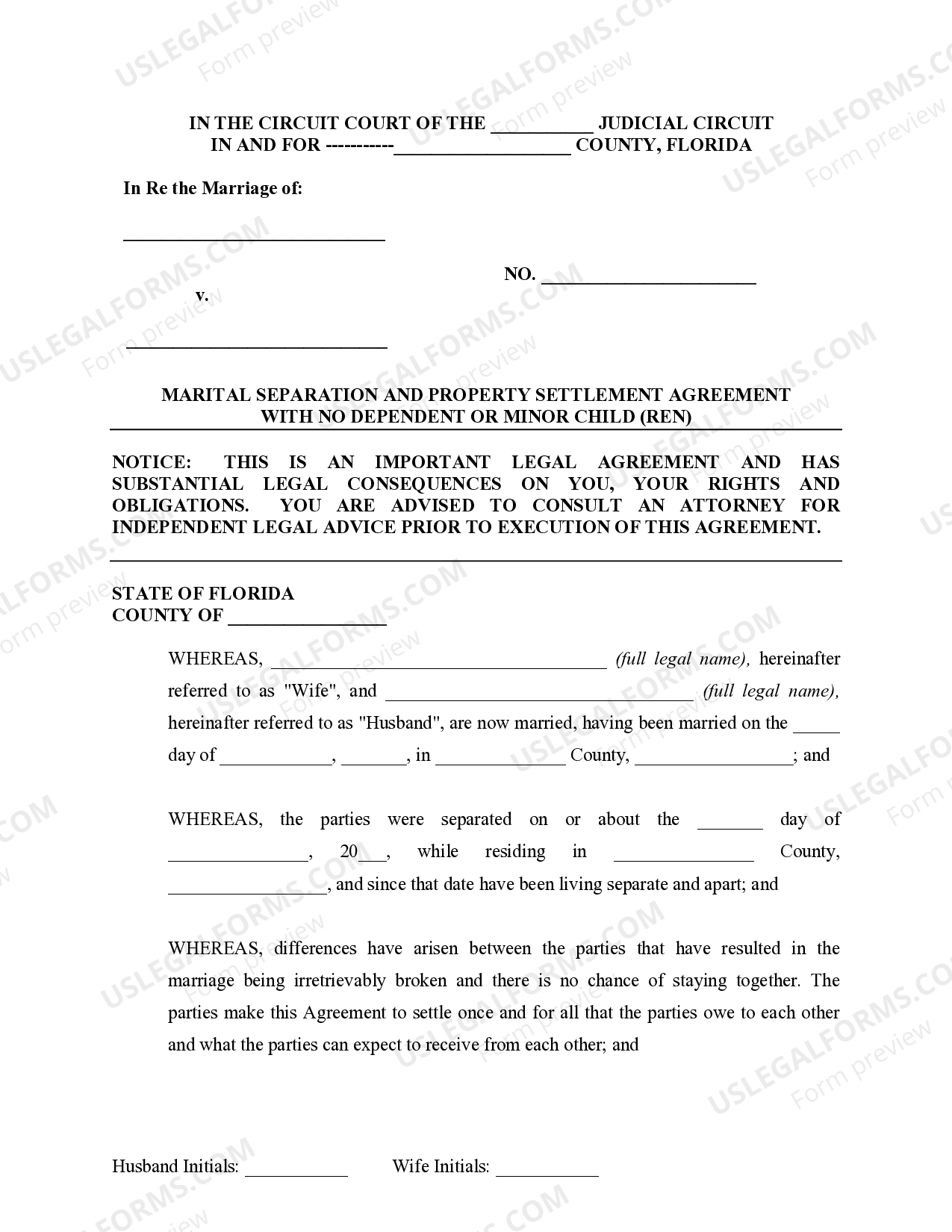 Florida Marital Legal Separation and Property Settlement Agreement no Children parties may have