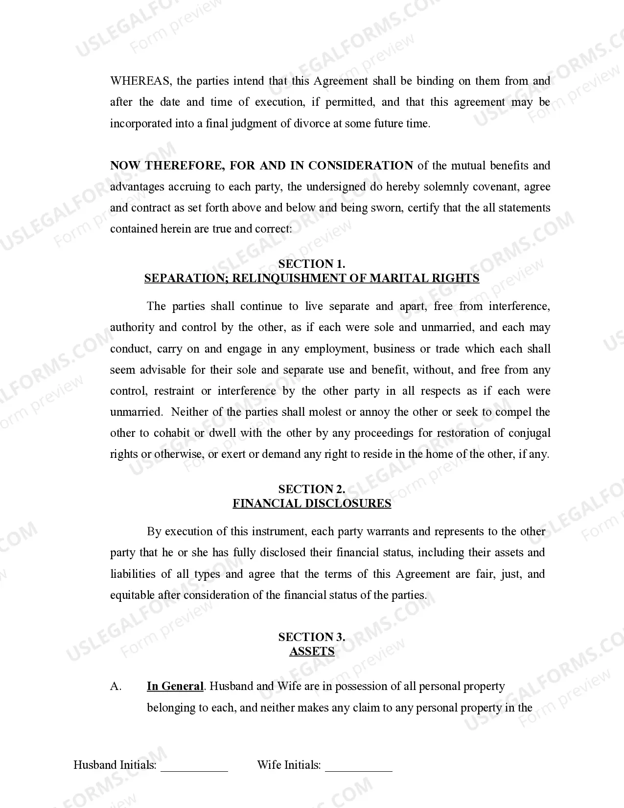 Preview Marital Legal Separation and Property Settlement Agreement no Children parties may have Joint Property or Debts Effective Immediately