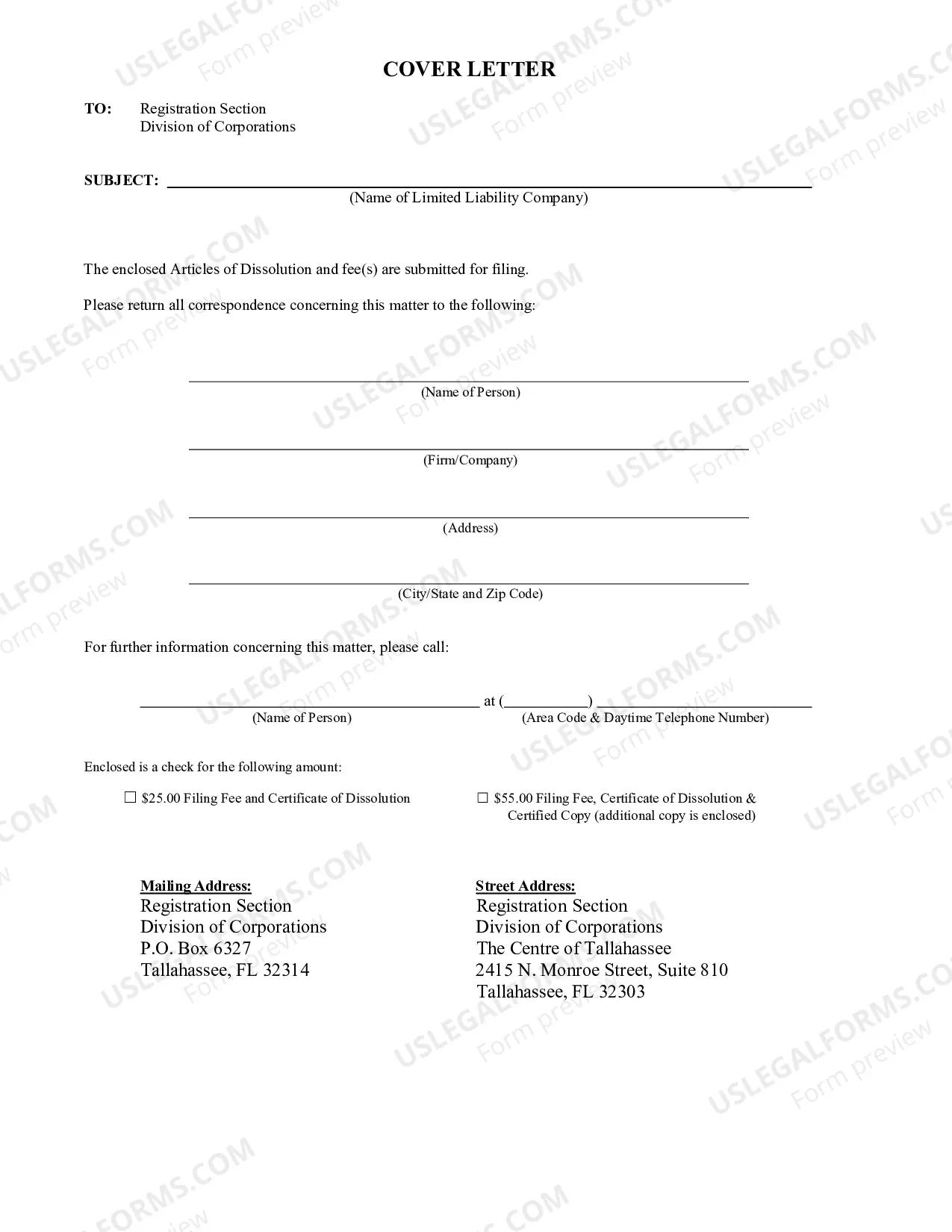 Preview Florida Dissolution Package to Dissolve Limited Liability Company LLC