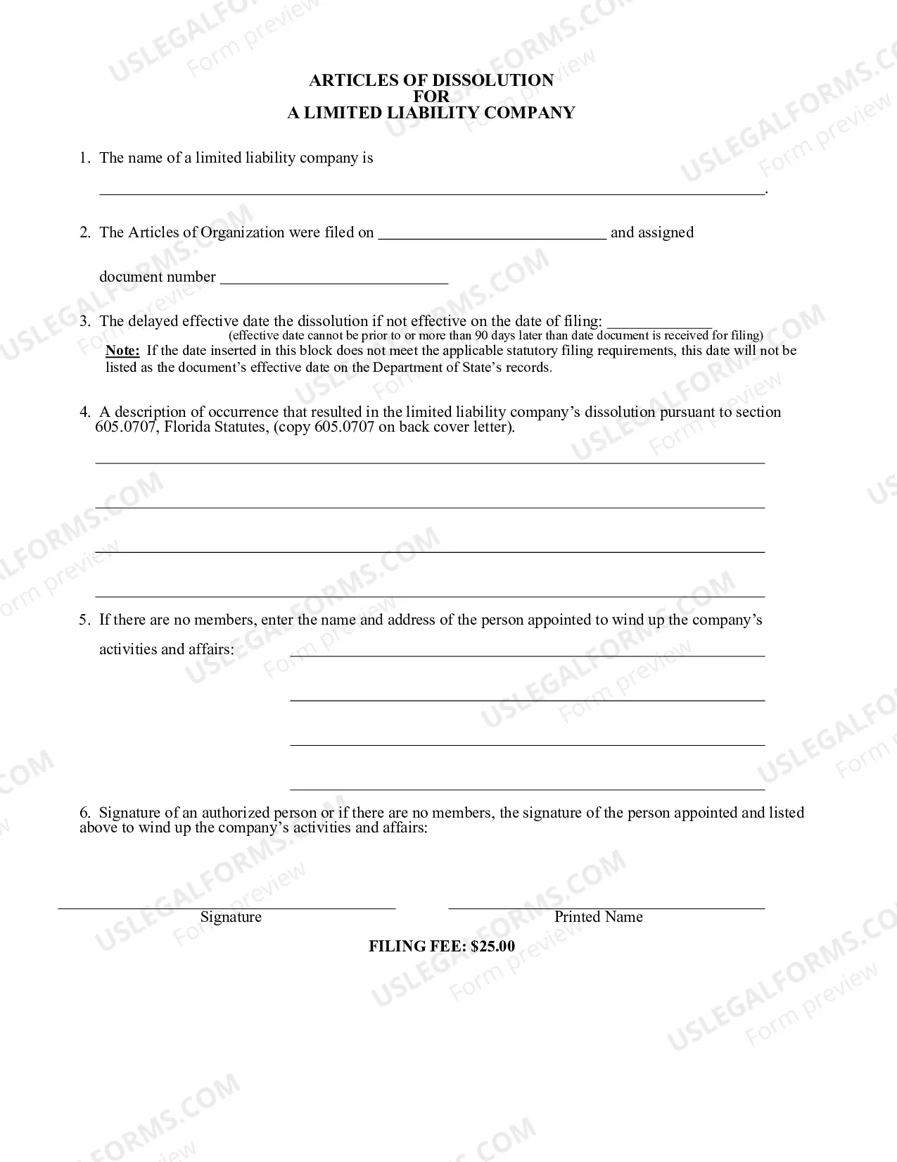 Preview Florida Dissolution Package to Dissolve Limited Liability Company LLC