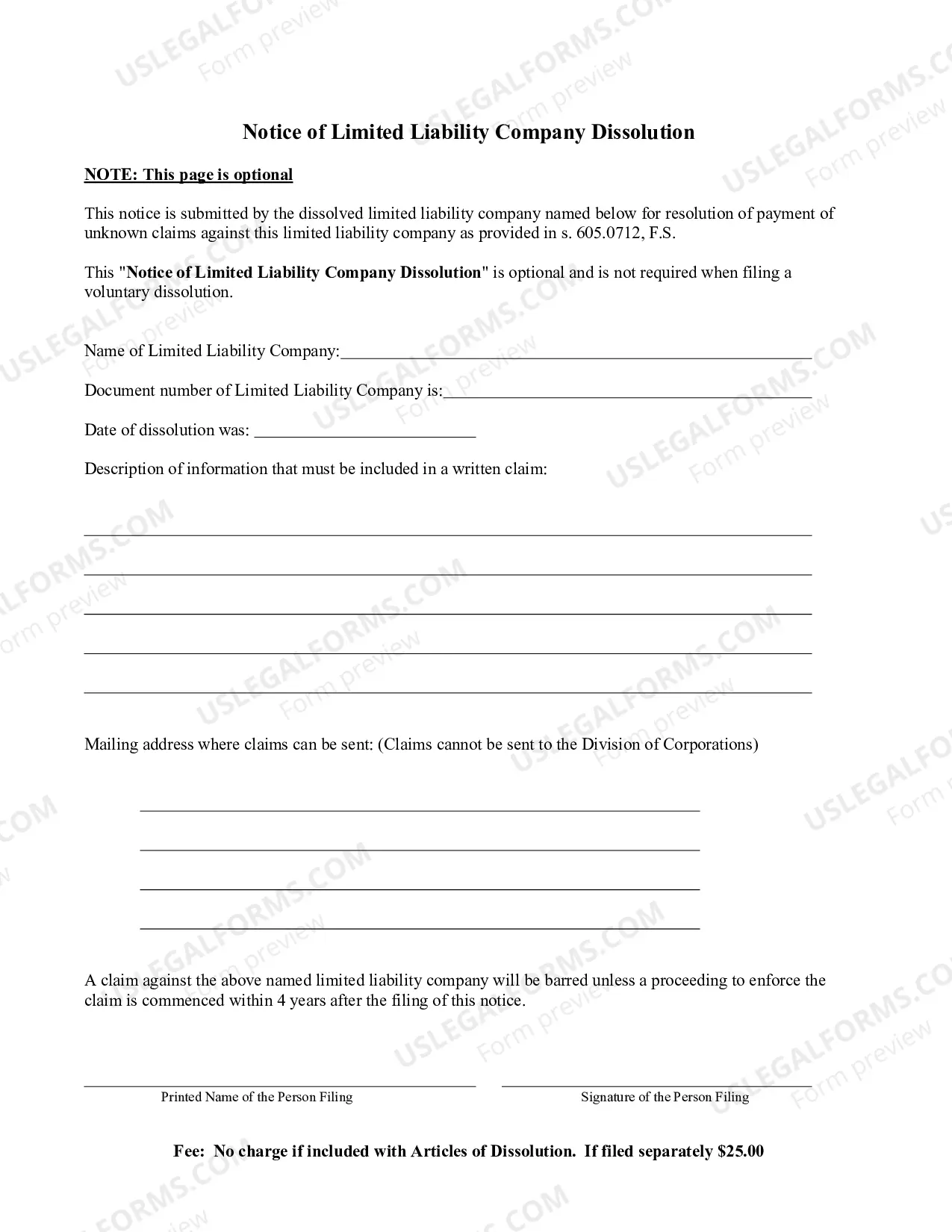 Preview Florida Dissolution Package to Dissolve Limited Liability Company LLC