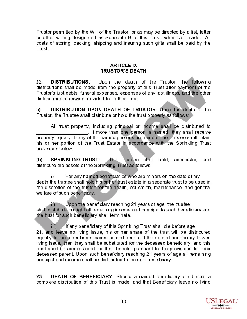 Preview Living Trust for Individual Who is Single, Divorced or Widow or Widower with No Children