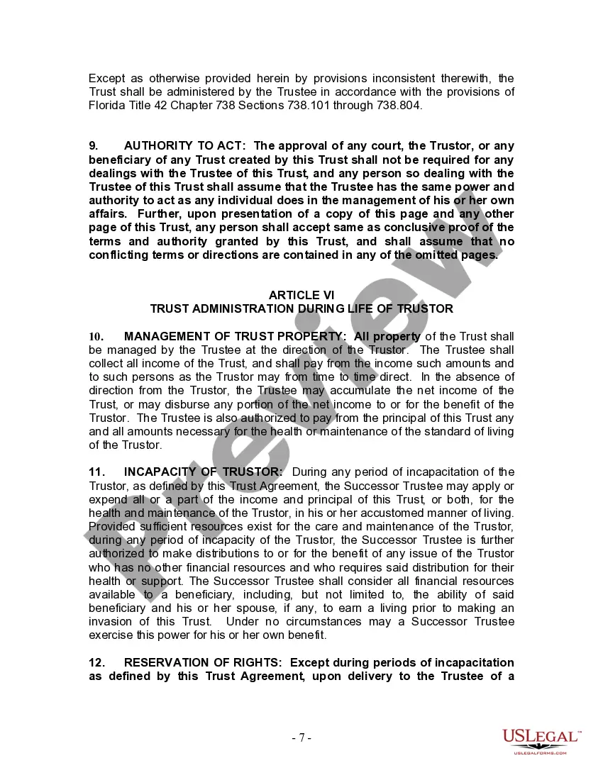 Preview Living Trust for Individual Who is Single, Divorced or Widow or Widower with No Children