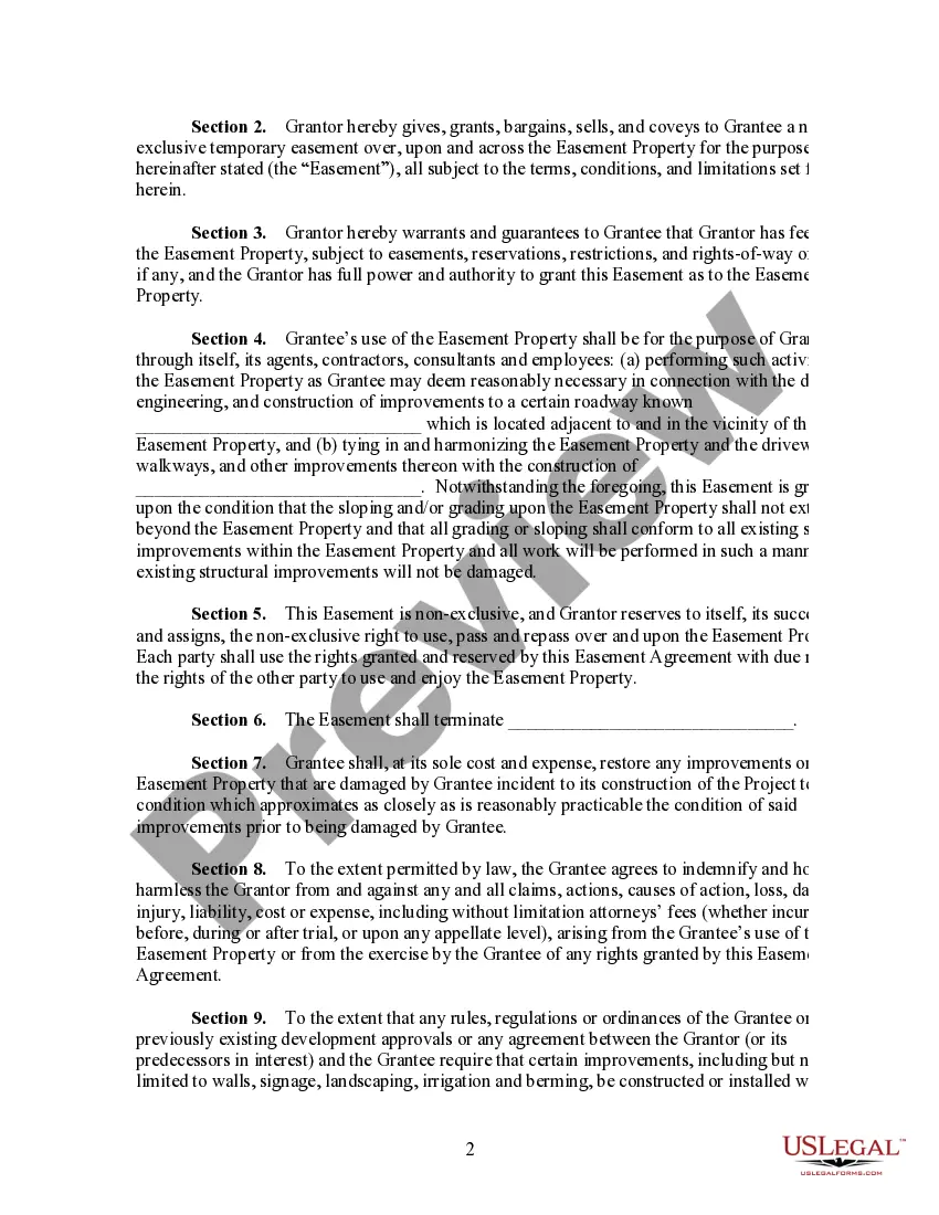 Get Nonexclusive Temporary Easement Agreement For Construction of a Roadway Preview Nonexclusive Temporary Easement Agreement For Construction of a Roadway