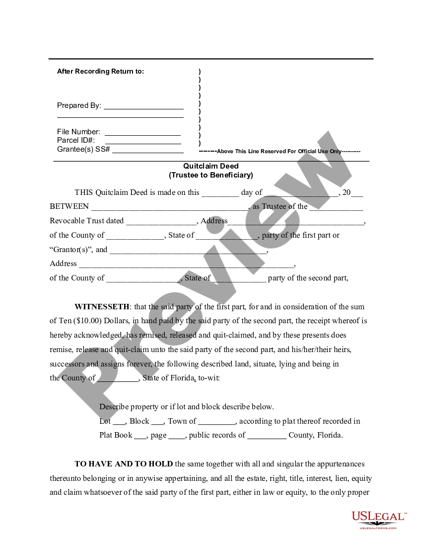 Florida Quitclaim Deed for Trustee to Beneficiary Trustee US Legal