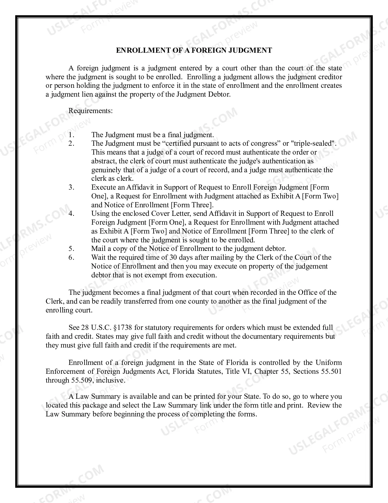 Preview Florida Foreign Judgment Enrollment