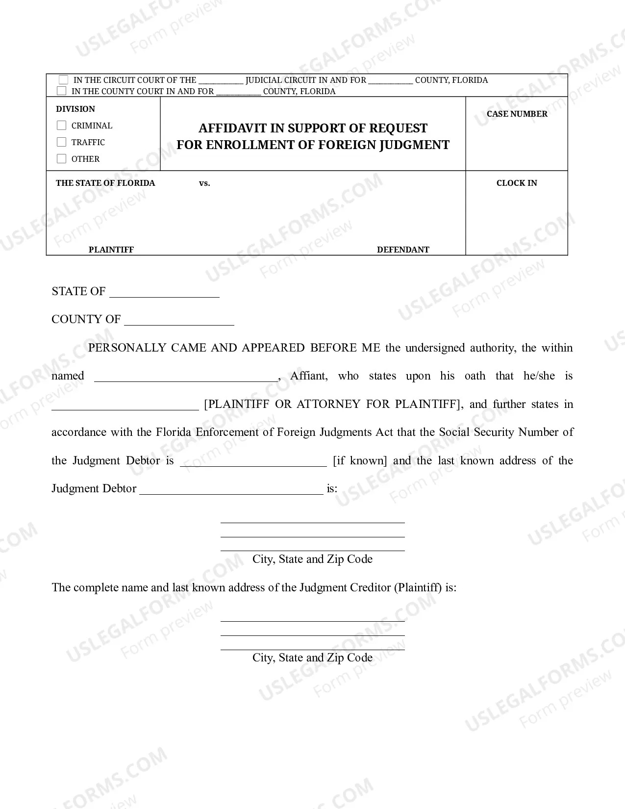 Preview Florida Foreign Judgment Enrollment