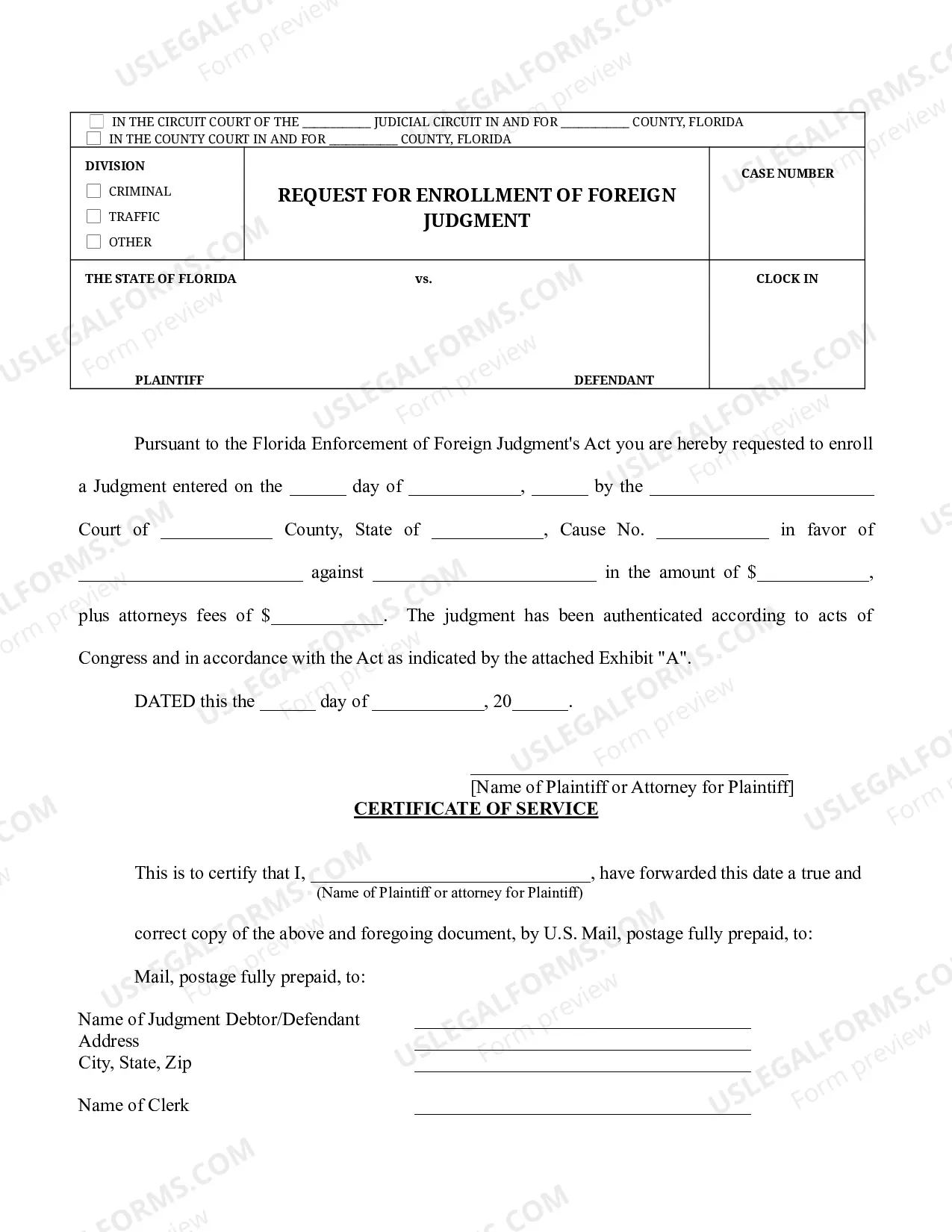 Preview Florida Foreign Judgment Enrollment