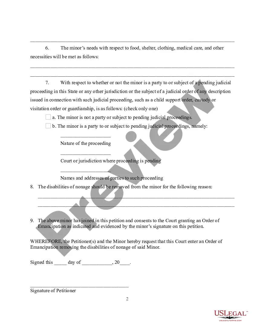 Preview Petition for Emancipation of a Minor