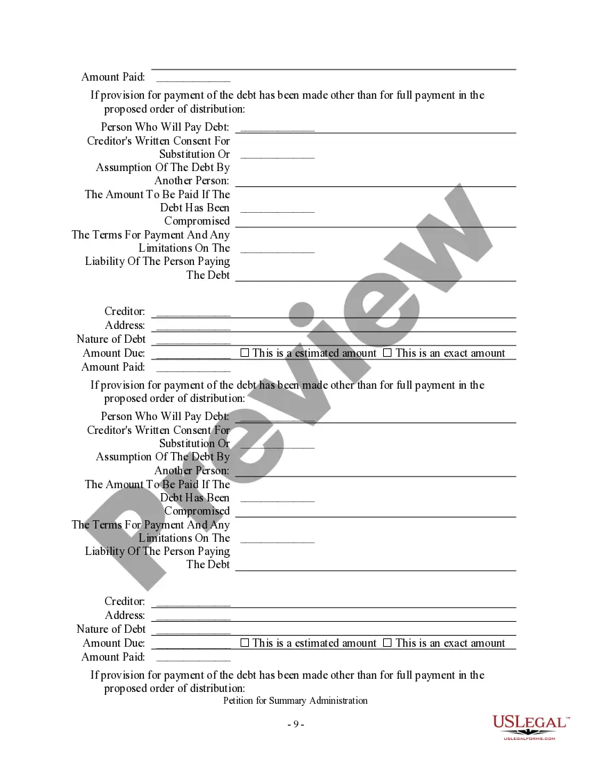 Preview Summary Administration Package - Small Estates - Under $75,000