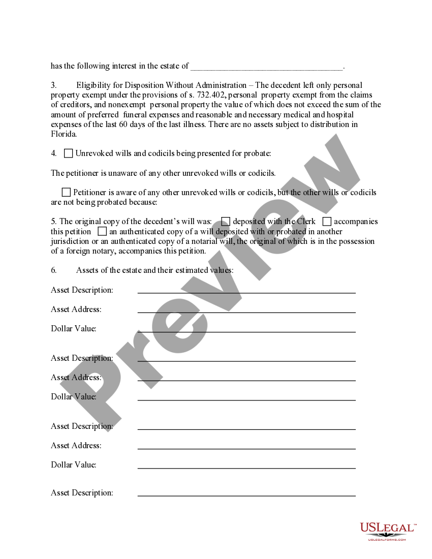 Florida Disposition Without Administration Small Estates Personal