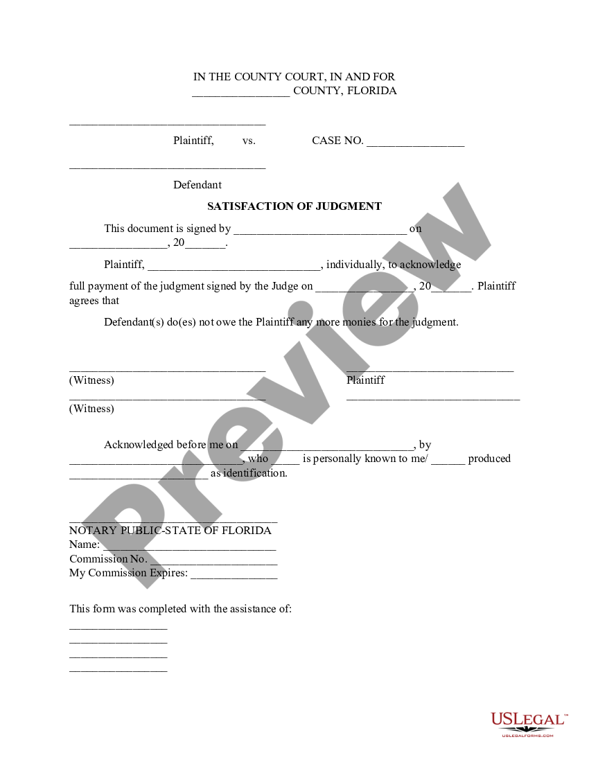 Florida Satisfaction Of Judgment Satisfaction Judgment Order Us Legal Forms