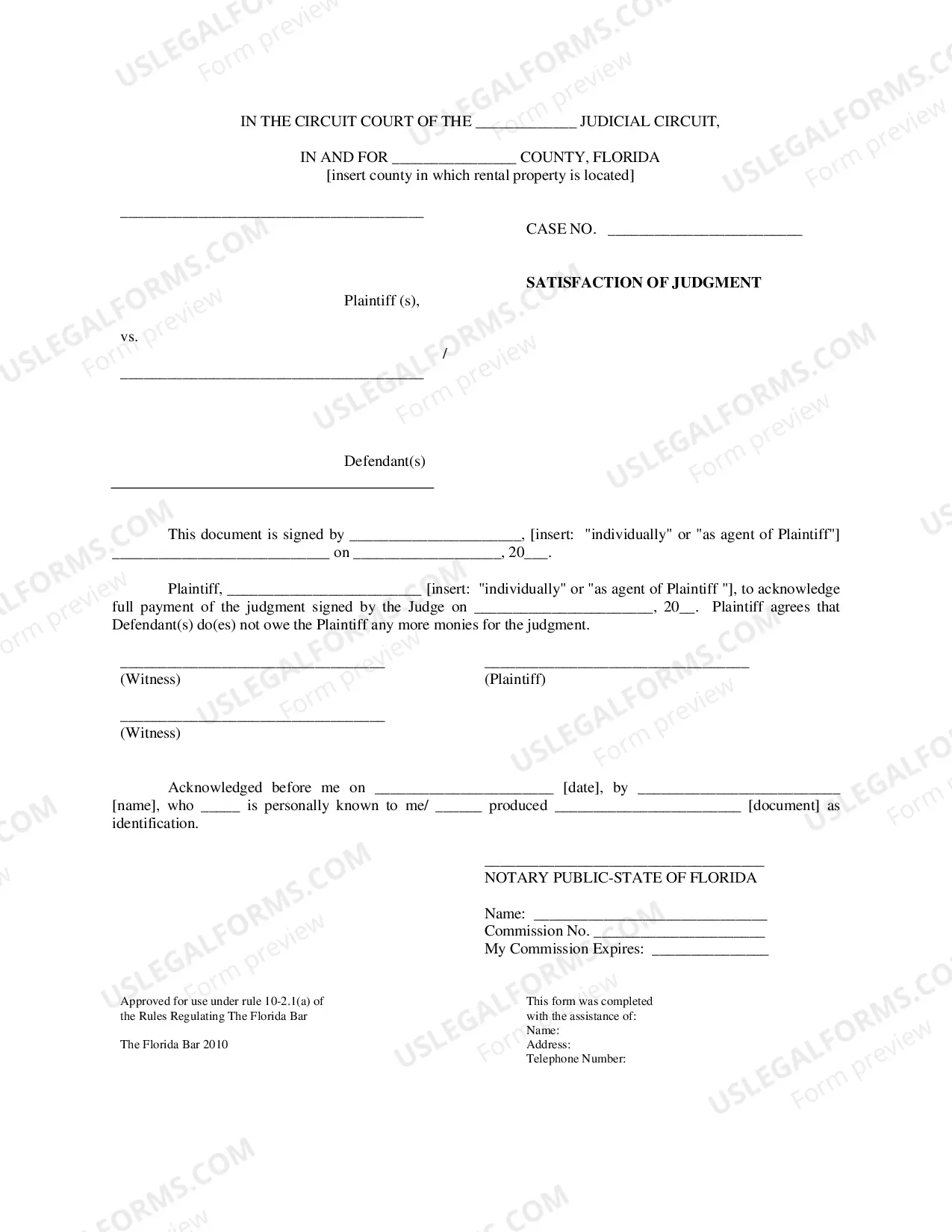 Preview Satisfaction of Judgment - Circuit Court