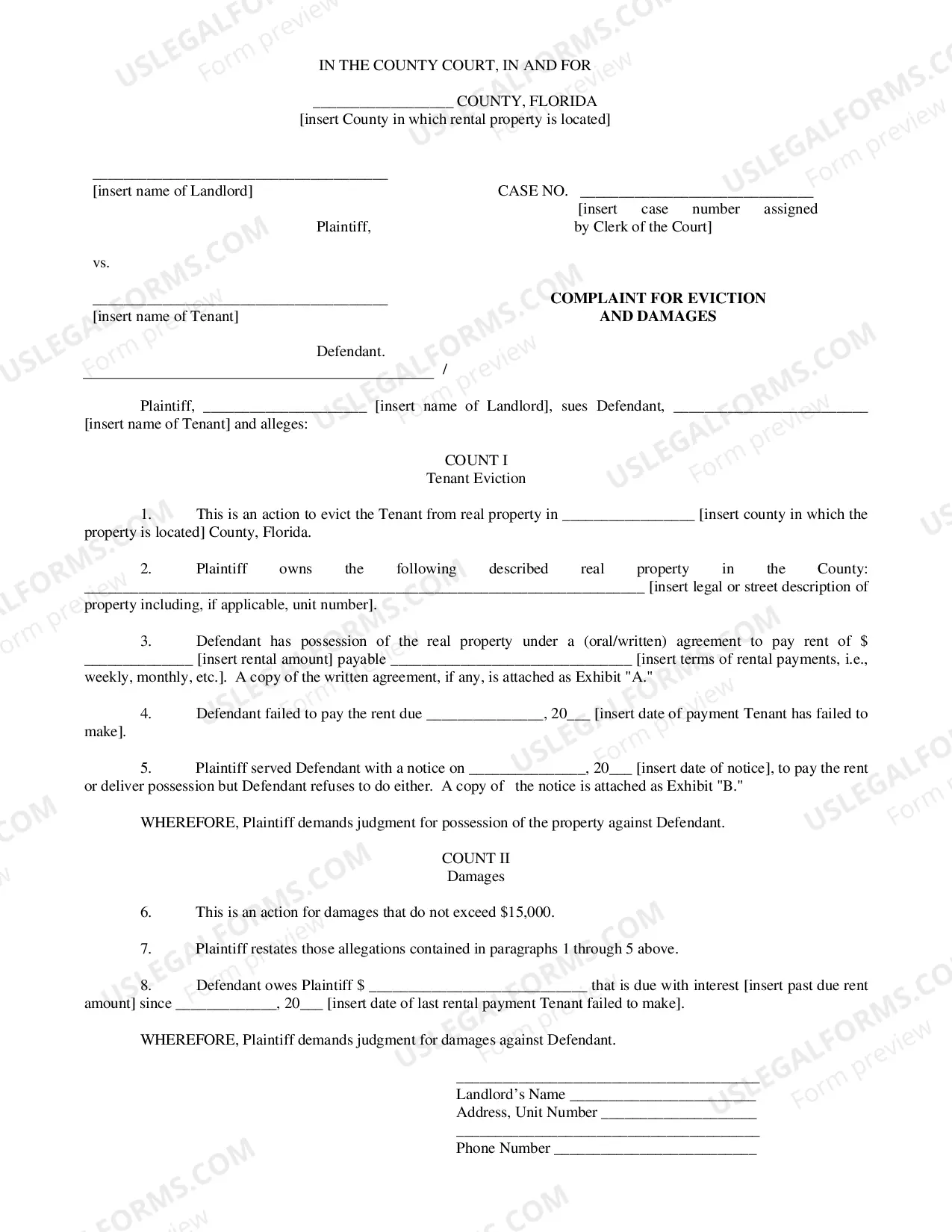 Preview Complaint for Landlord to Evict Tenants for Failure to Pay Rent and to Recover Past Due Rent