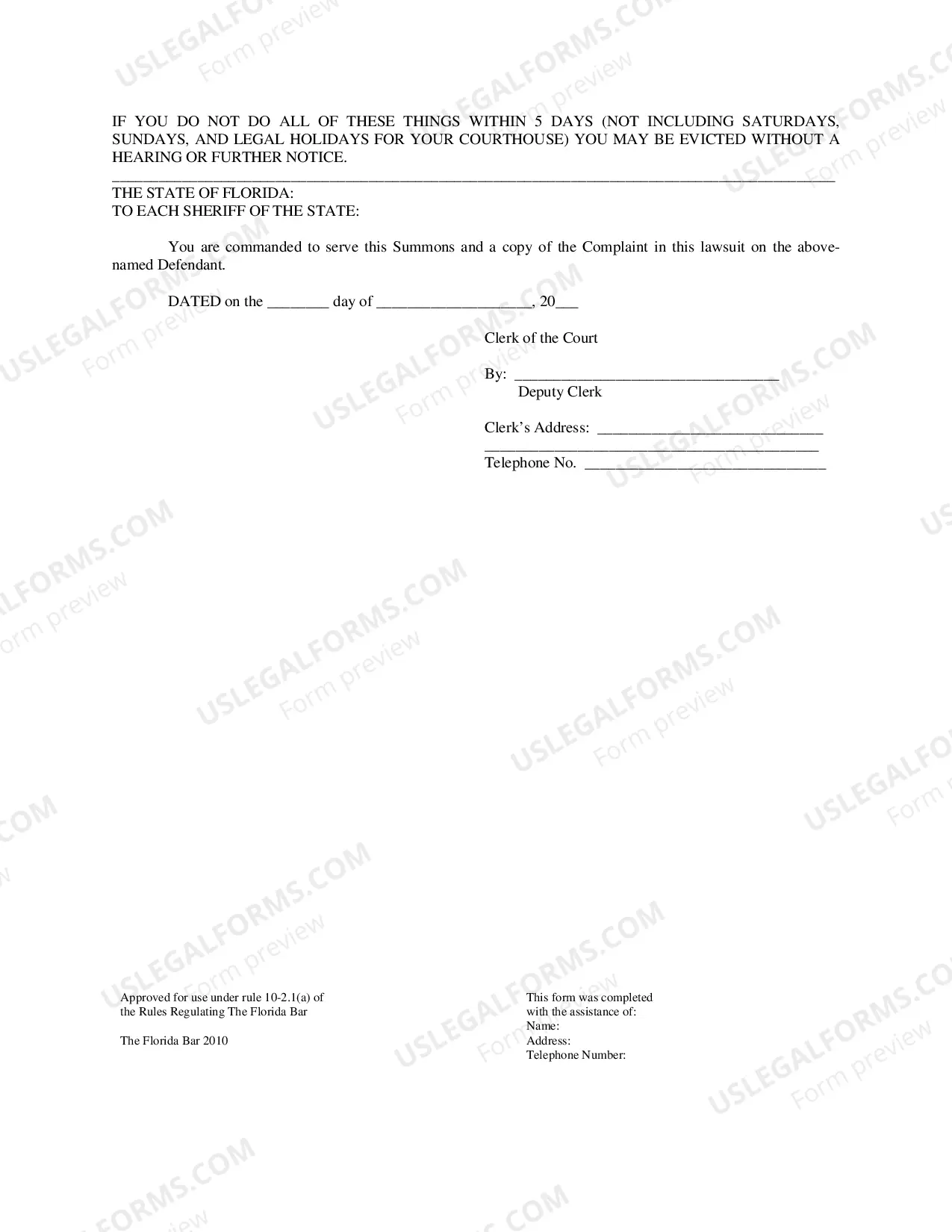Preview Summons - Eviction Claim