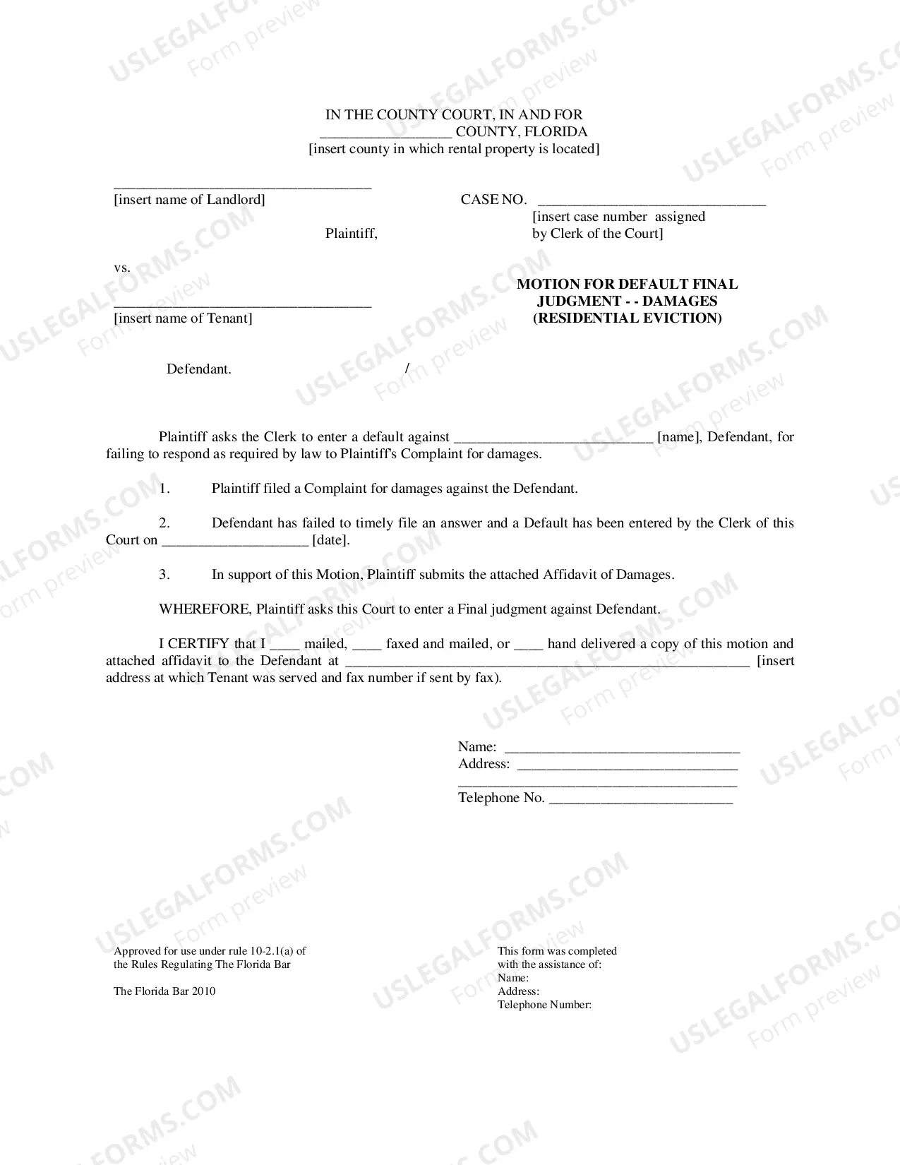 Preview Motion for Default Final Judgment - Damages - Residential Eviction