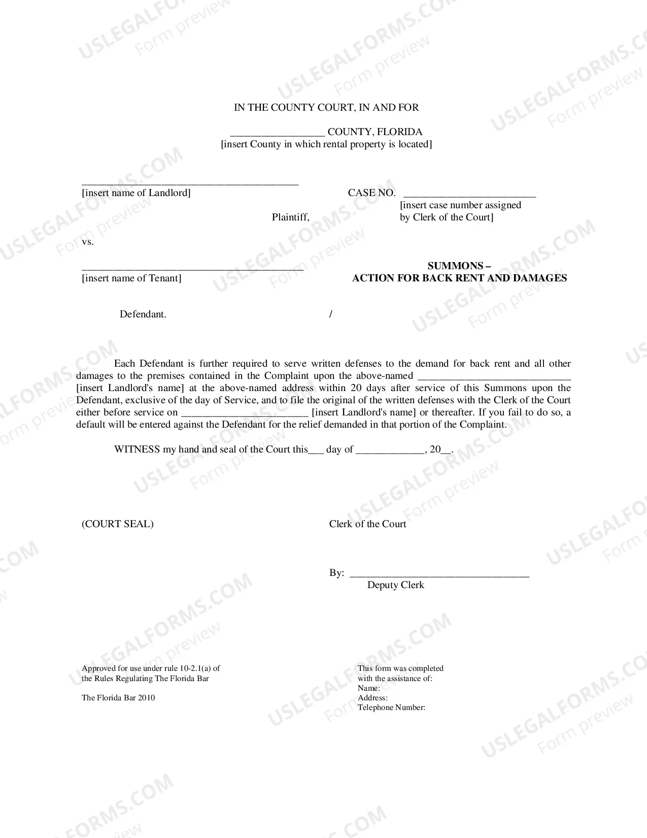Preview Summons - Damages Claim