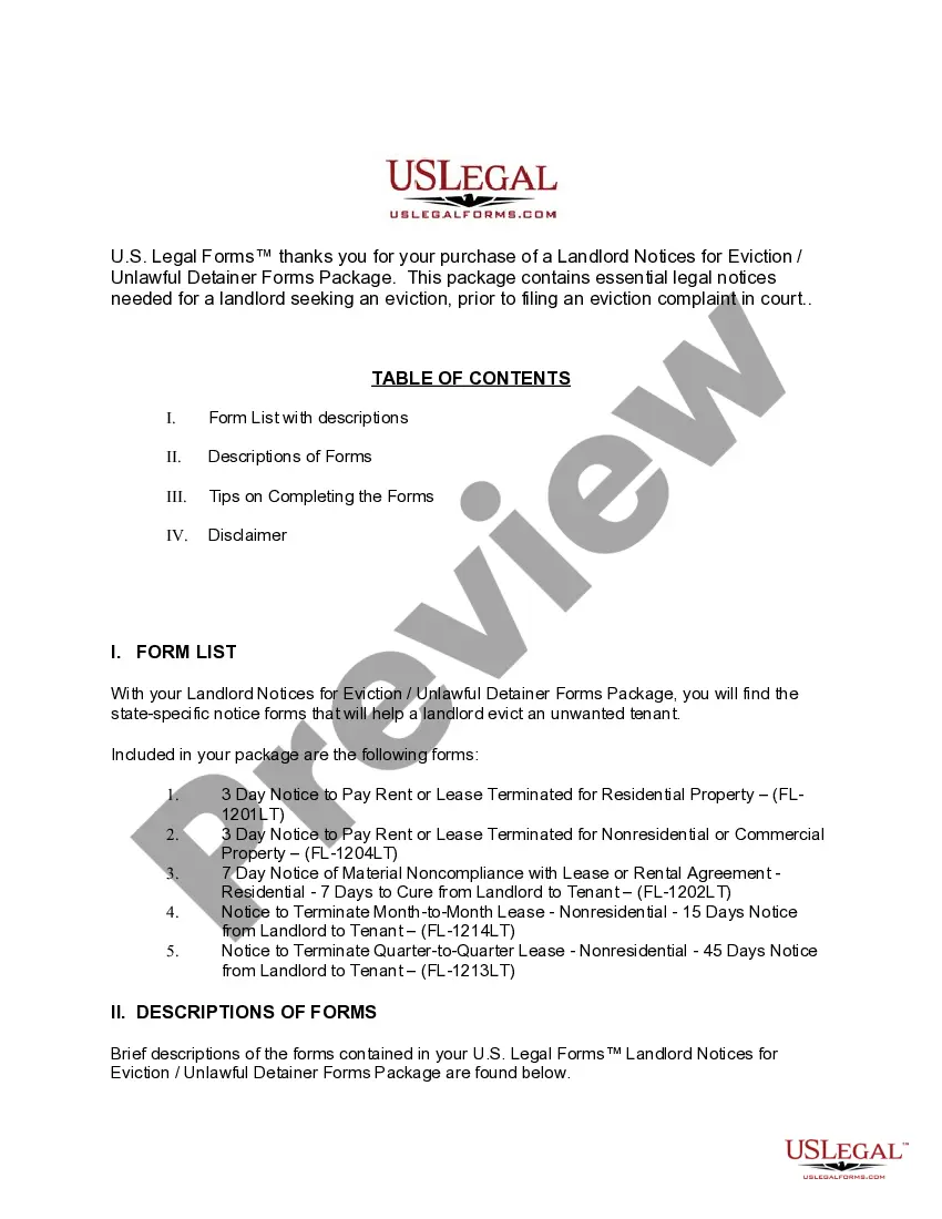 Preview Florida Landlord Notices for Eviction / Unlawful Detainer Forms Package