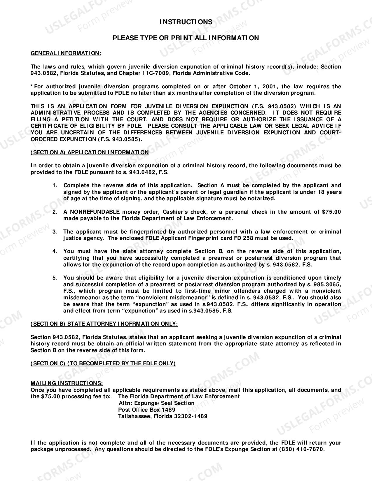Preview Florida Application for Juvenile Diversion Expungement