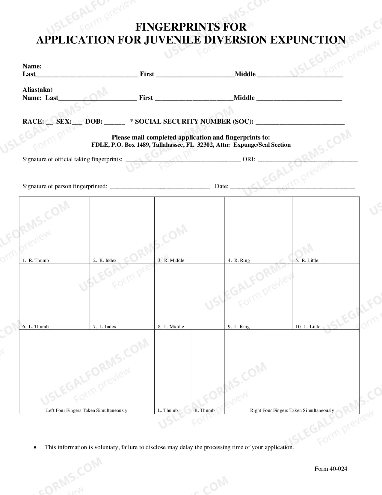 Preview Florida Application for Juvenile Diversion Expungement