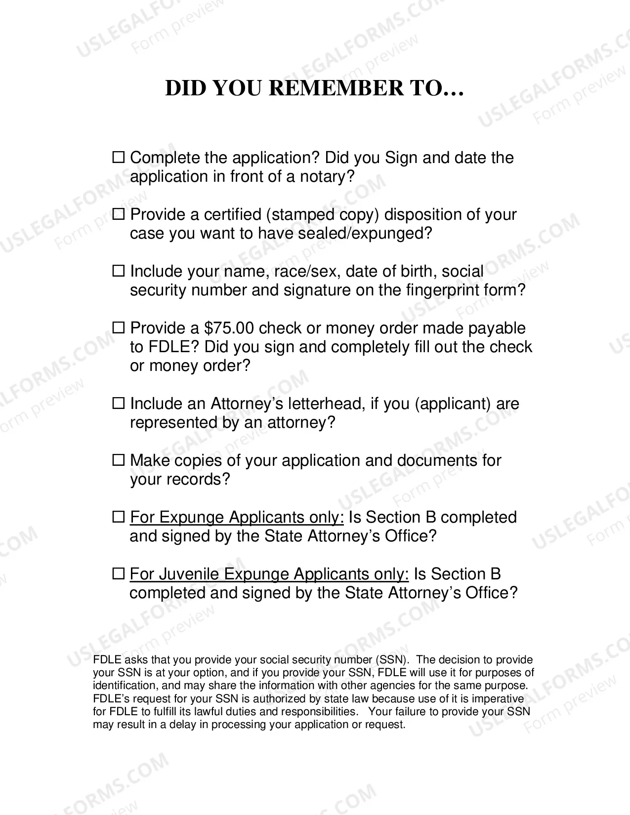 Preview Florida Application for Juvenile Diversion Expungement