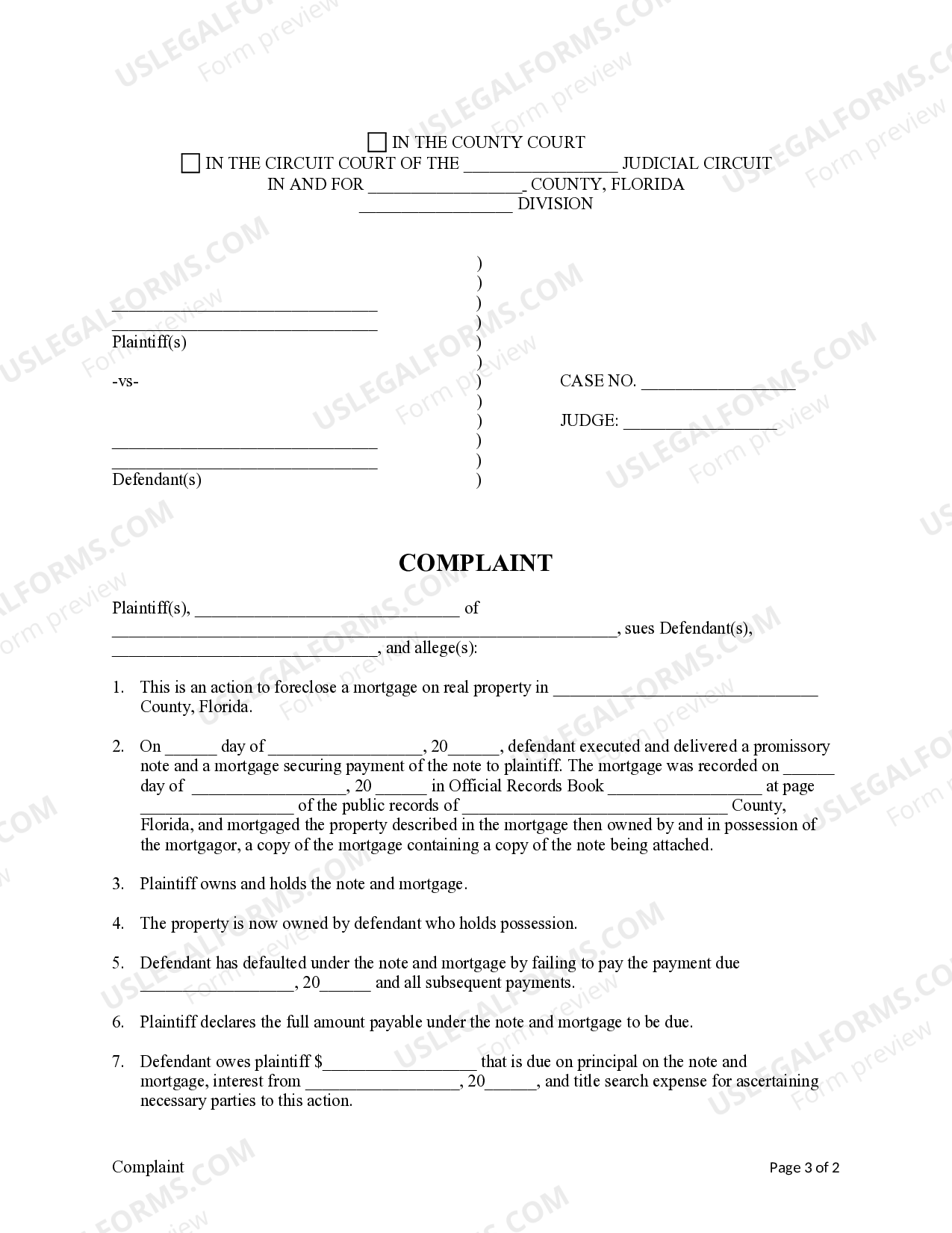 Florida Complaint for Mortgage Foreclosure Fl Foreclosure US Legal