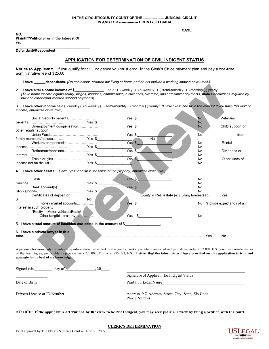 Hialeah Florida Application For Determination Of Civil Indigent Status Us Legal Forms 8425