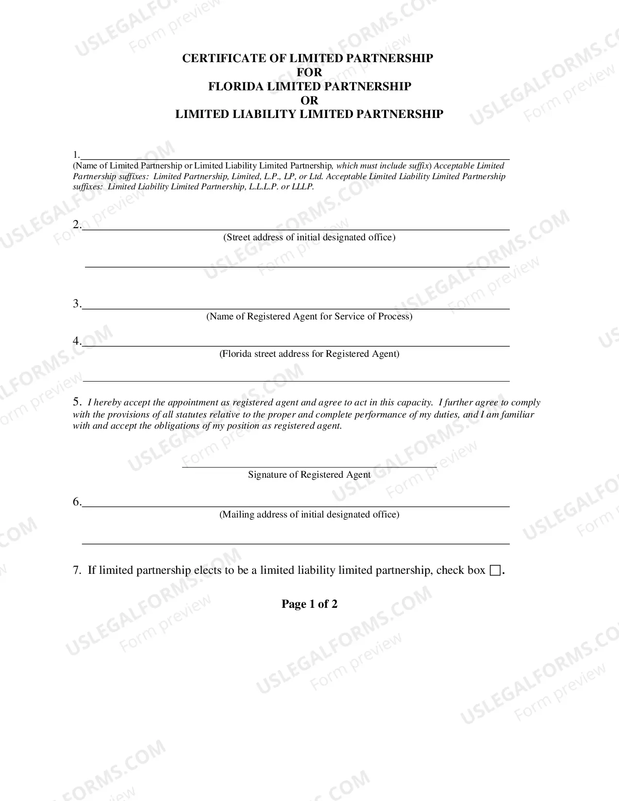 Preview Florida Certificate of Limited Partnership or Limited Liability Limited Partnership