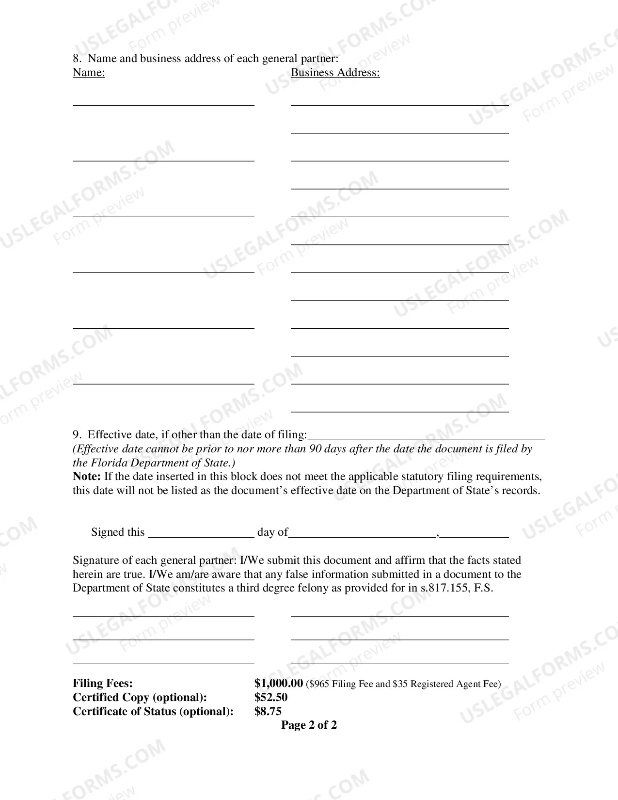 Preview Florida Certificate of Limited Partnership or Limited Liability Limited Partnership