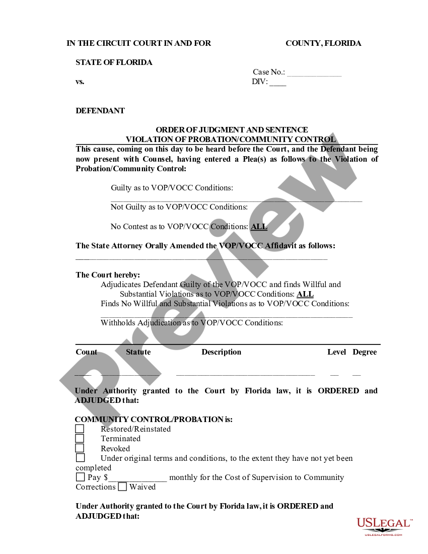 Florida Order of Judgment and Sentence Violation of Control Robation US