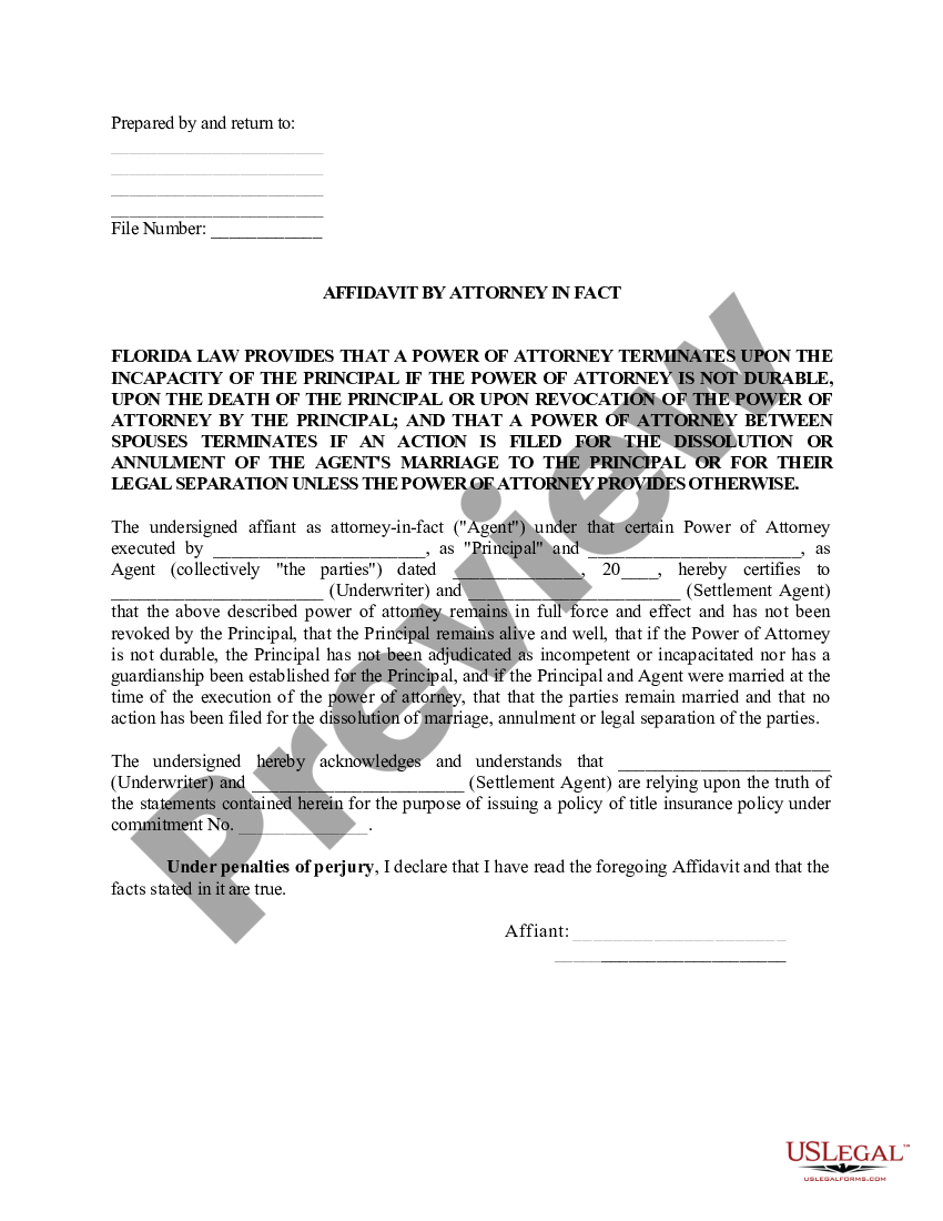 Palm Bay Florida Affidavit by Attorney in Fact US Legal Forms