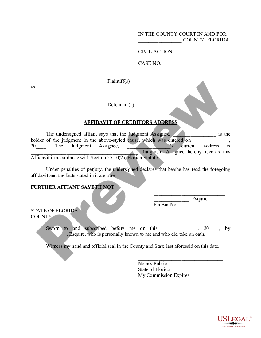 Florida Affidavit of Creditors Address - Address Affidavit | US Legal Forms