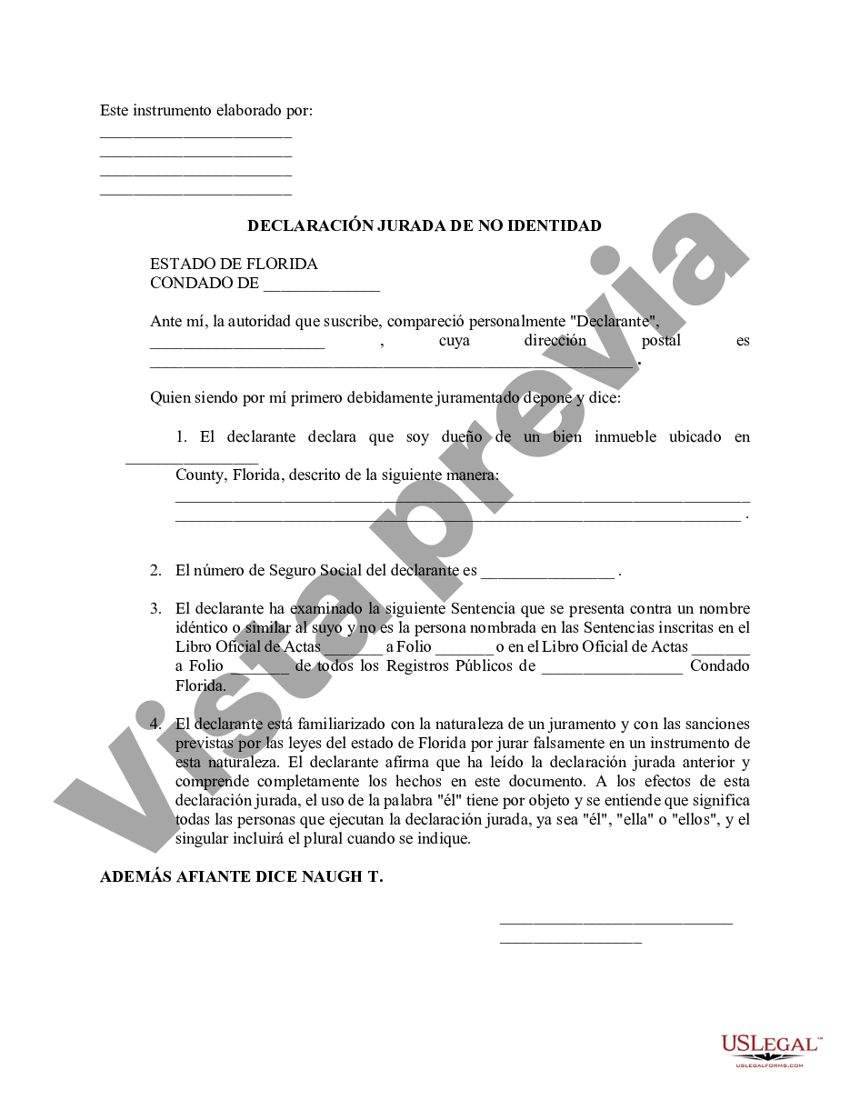 Orlando Florida Declaraci n Jurada De No Identidad Declaraci n Jurada US Legal Forms