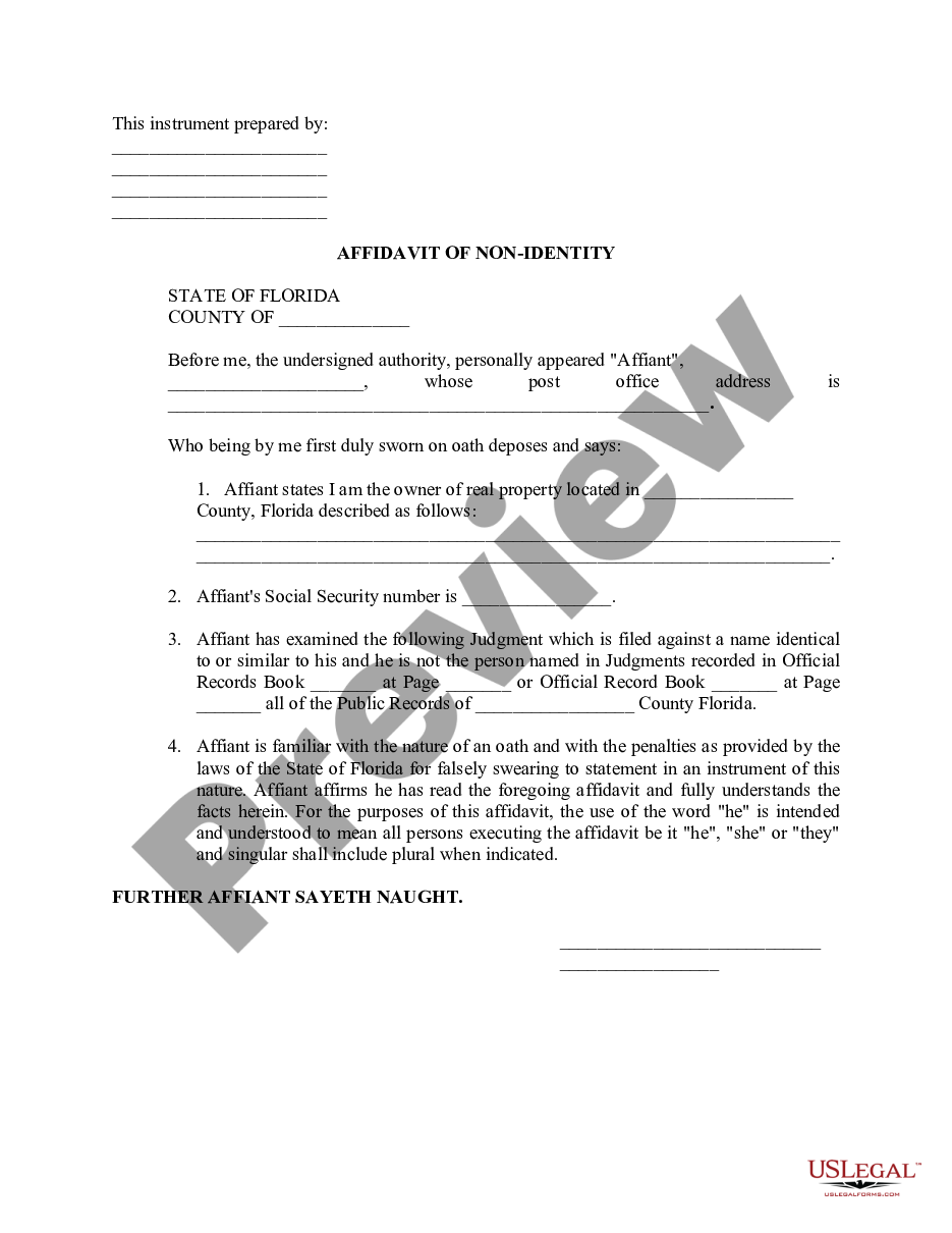 Florida Affidavit of NonIdentity US Legal Forms