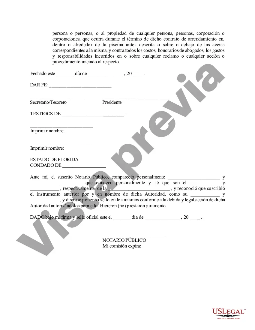 Preview Acuerdo de indemnización y exención de responsabilidad para una piscina