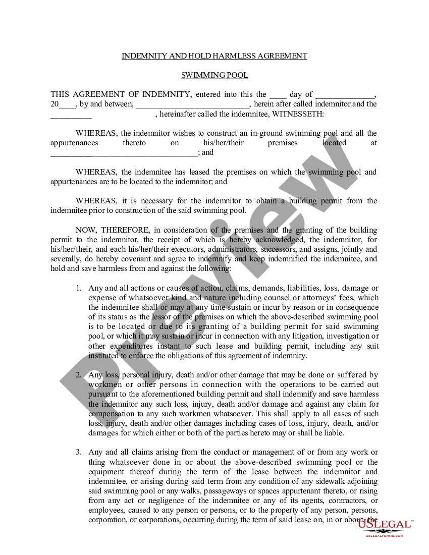 tampa-florida-indemnity-and-hold-harmless-agreement-for-a-swimming-pool-us-legal-forms