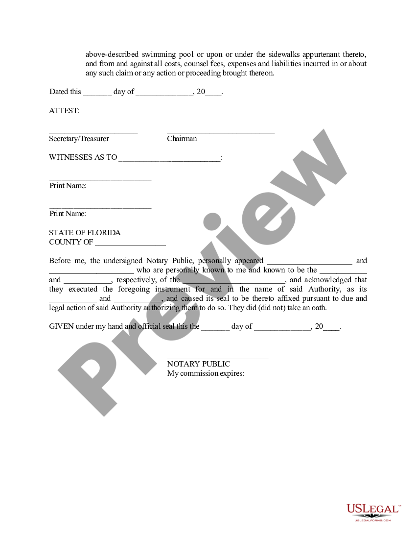 Tampa Florida Indemnity And Hold Harmless Agreement For A Swimming Pool US Legal Forms