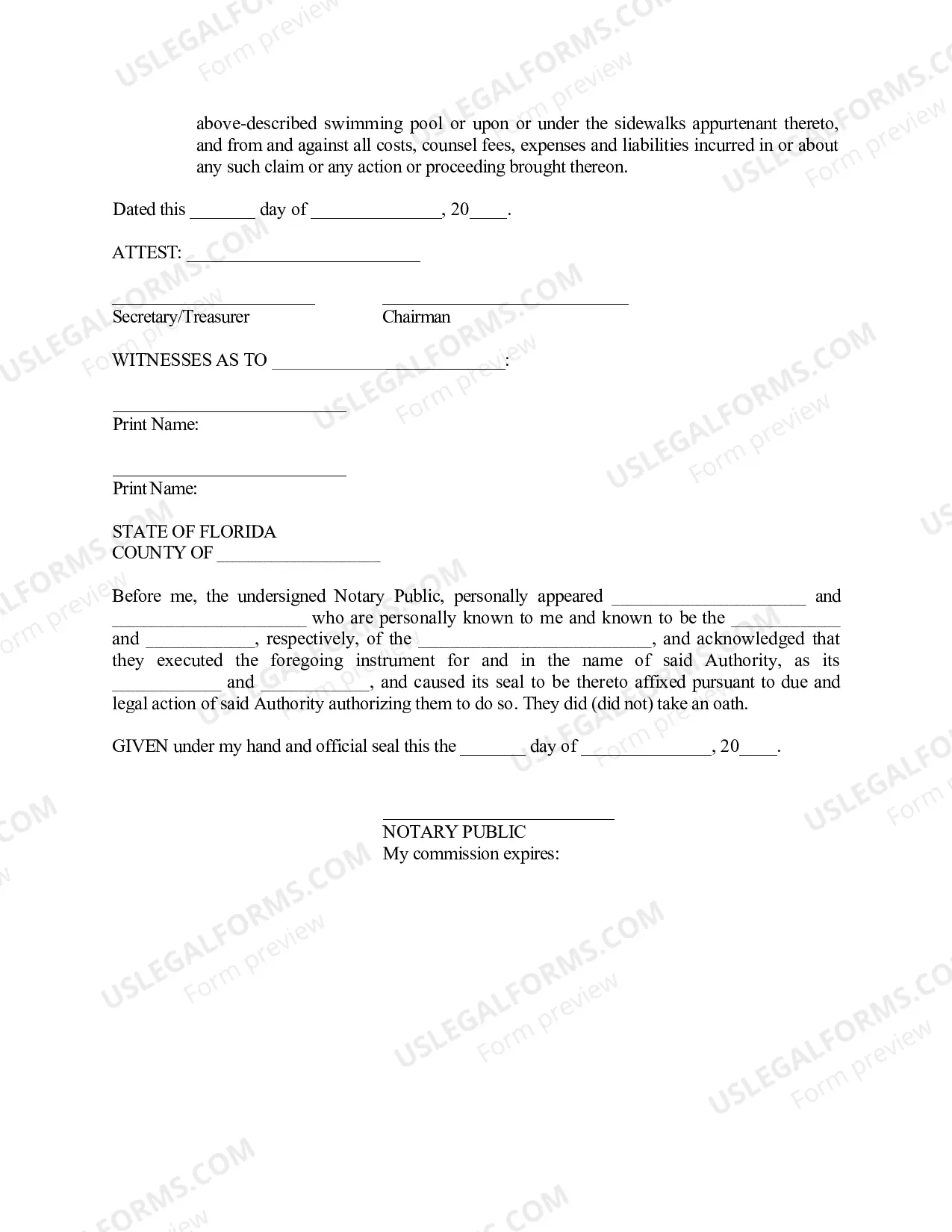 Preview Indemnity and Hold Harmless Agreement for a Swimming Pool