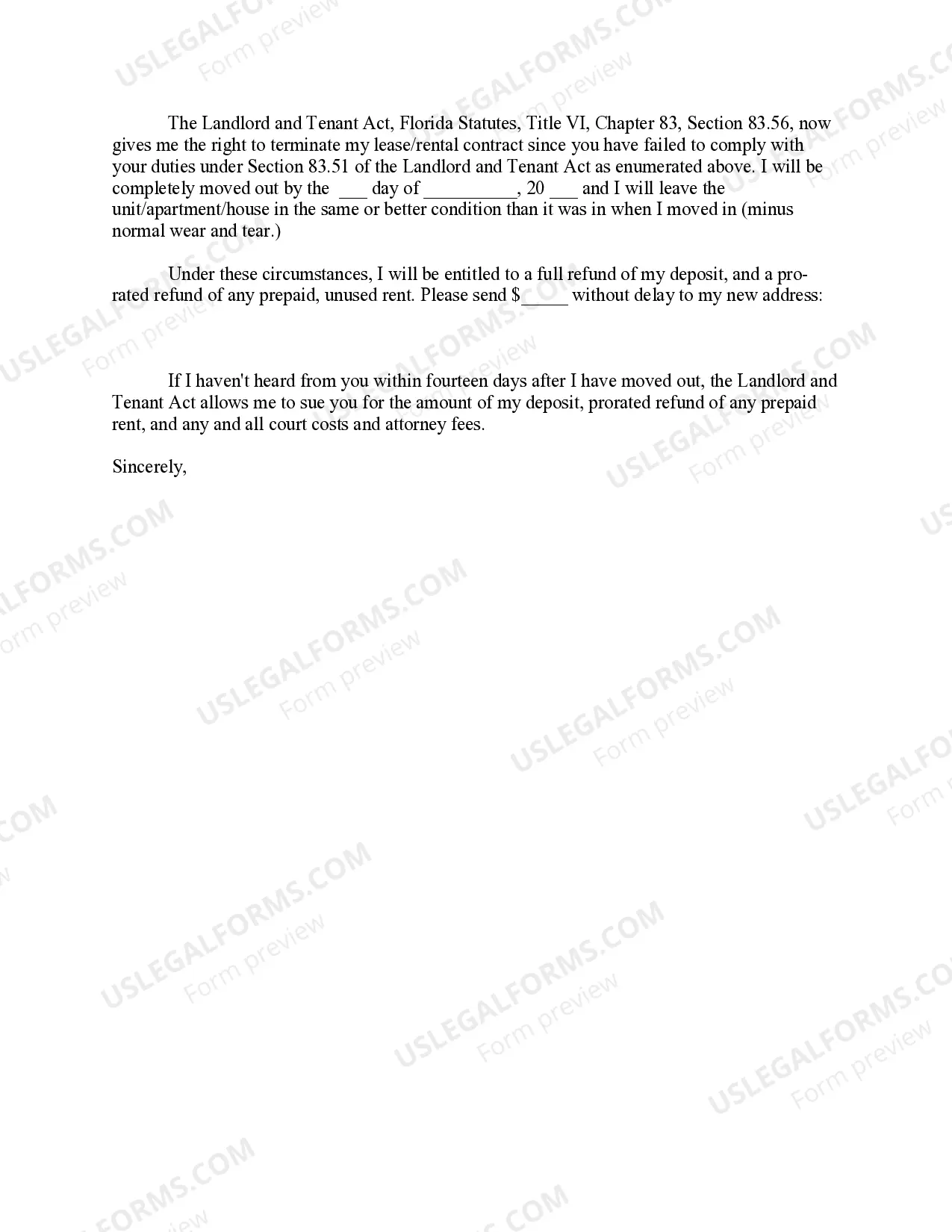 Preview Letter from Tenant to Landlord - Terminate Lease by Tenant for noncompliance by Landlord - 30 day Notice