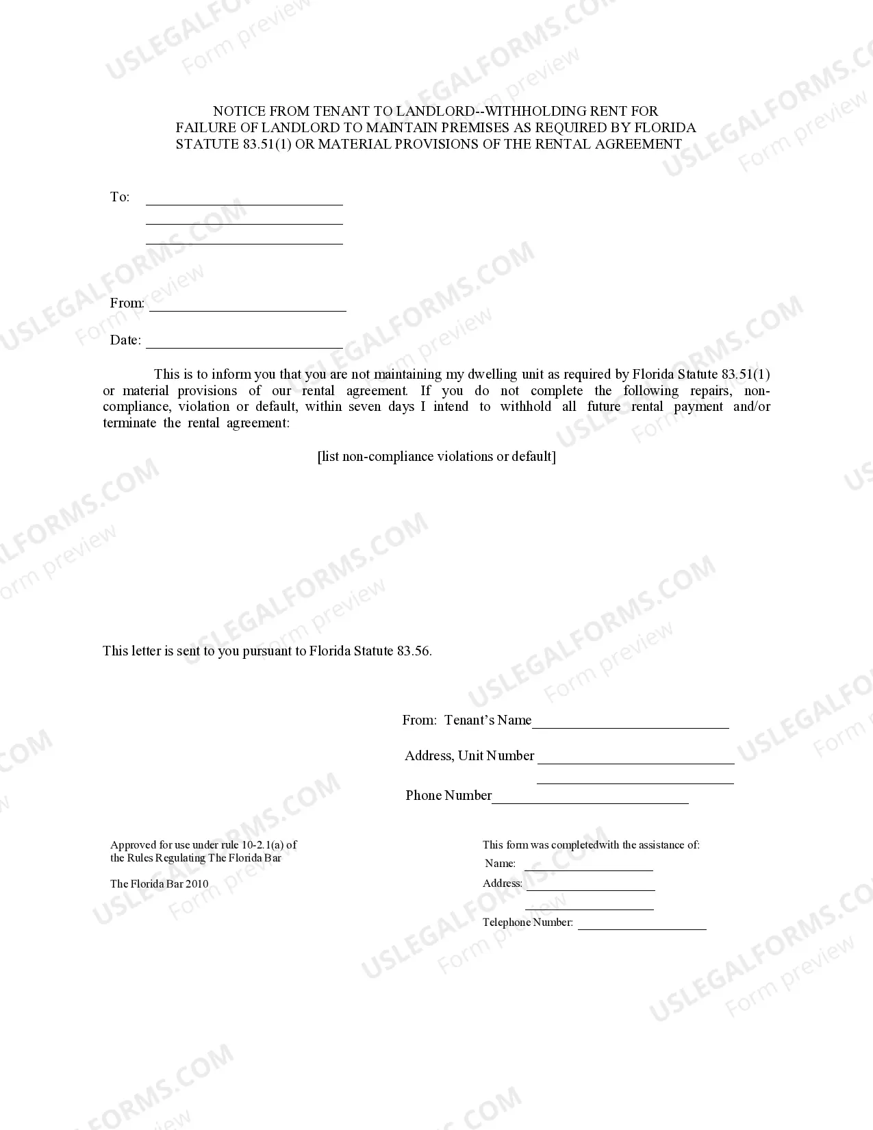 Preview Notice from Tenant to Landlord
