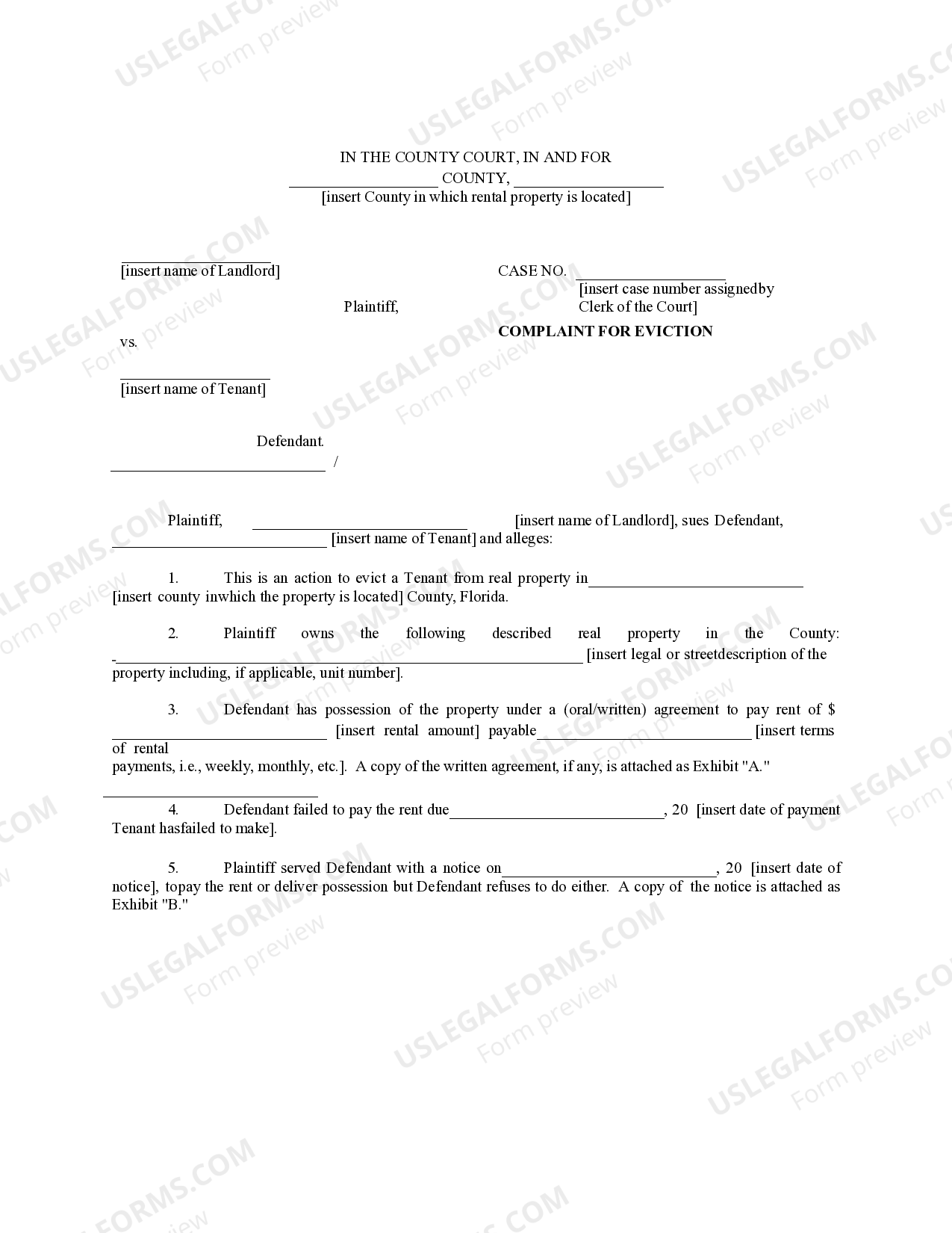 Florida Complaint For Landlord to Evict Tenants US Legal Forms