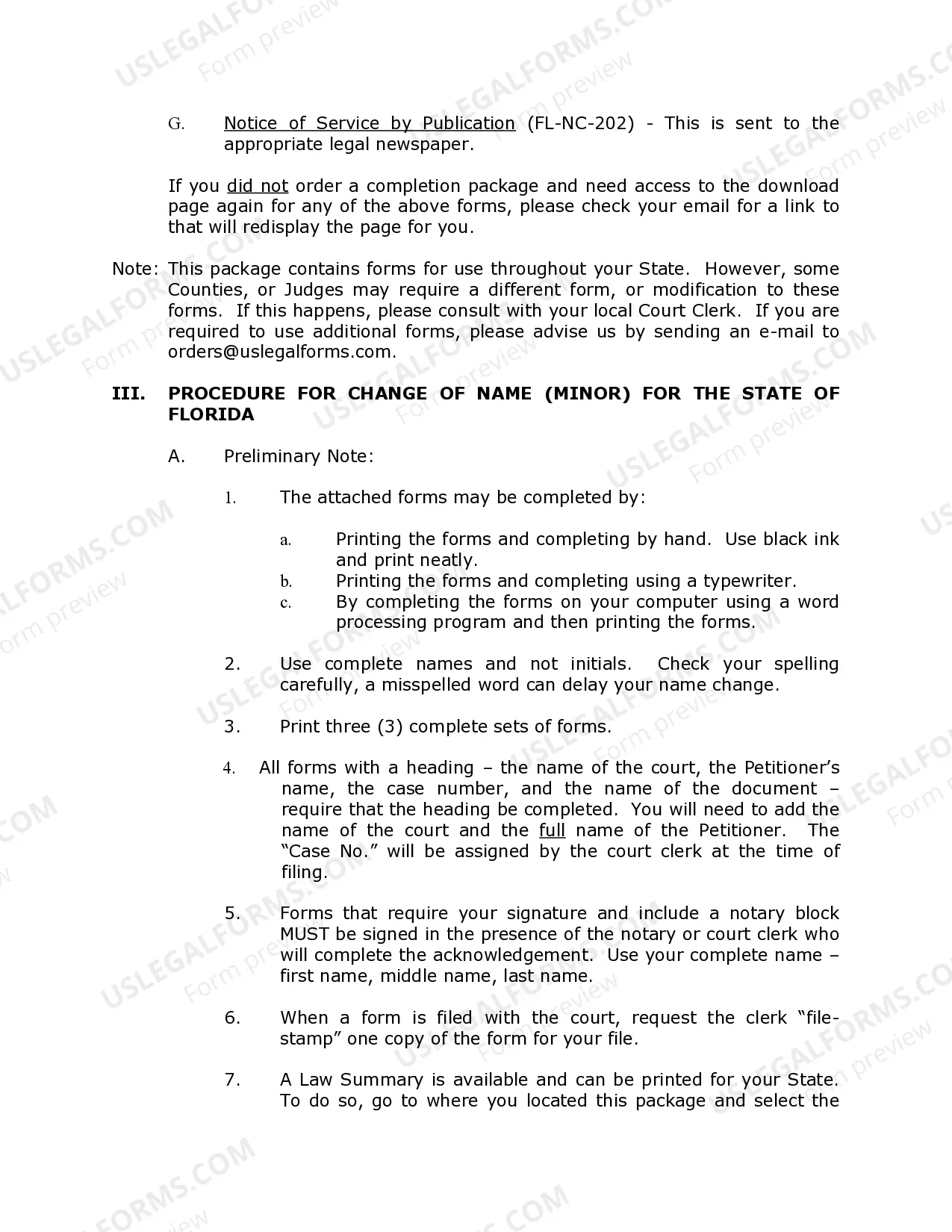 Preview Florida Name Change Instructions and Forms Package for a Minor