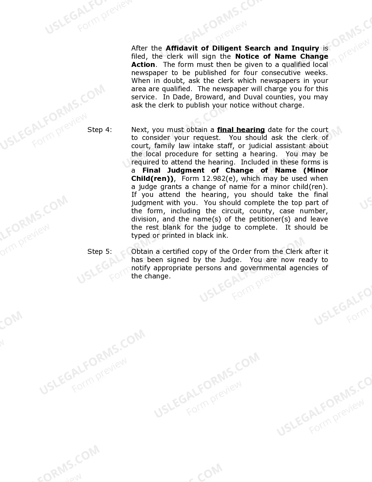 Preview Florida Name Change Instructions and Forms Package for a Minor