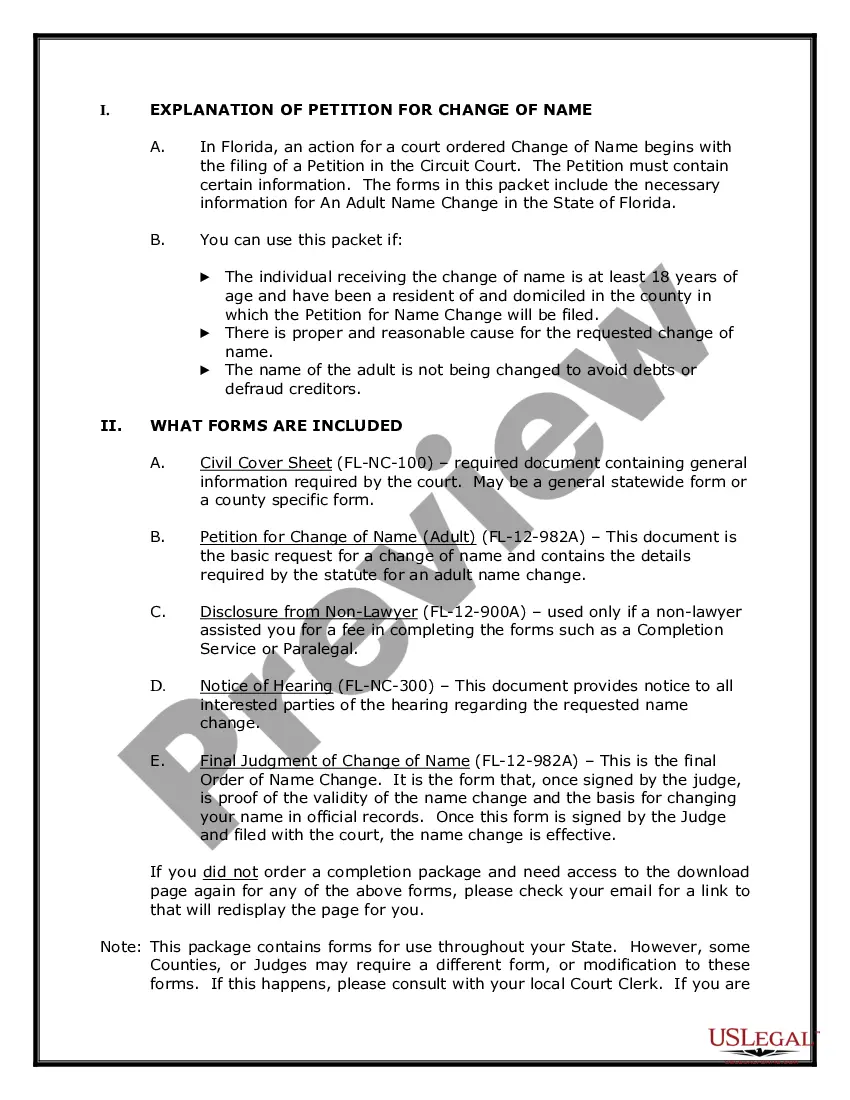 Preview Florida Name Change Instructions and Forms Package for an Adult
