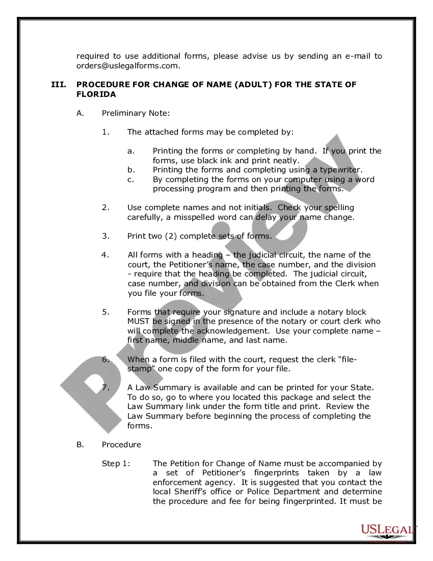 Preview Florida Name Change Instructions and Forms Package for an Adult