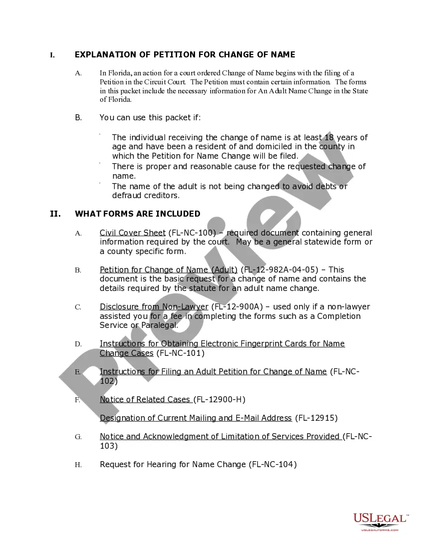 Preview Florida Name Change Instructions and Forms for an Adult in Escambia County Only