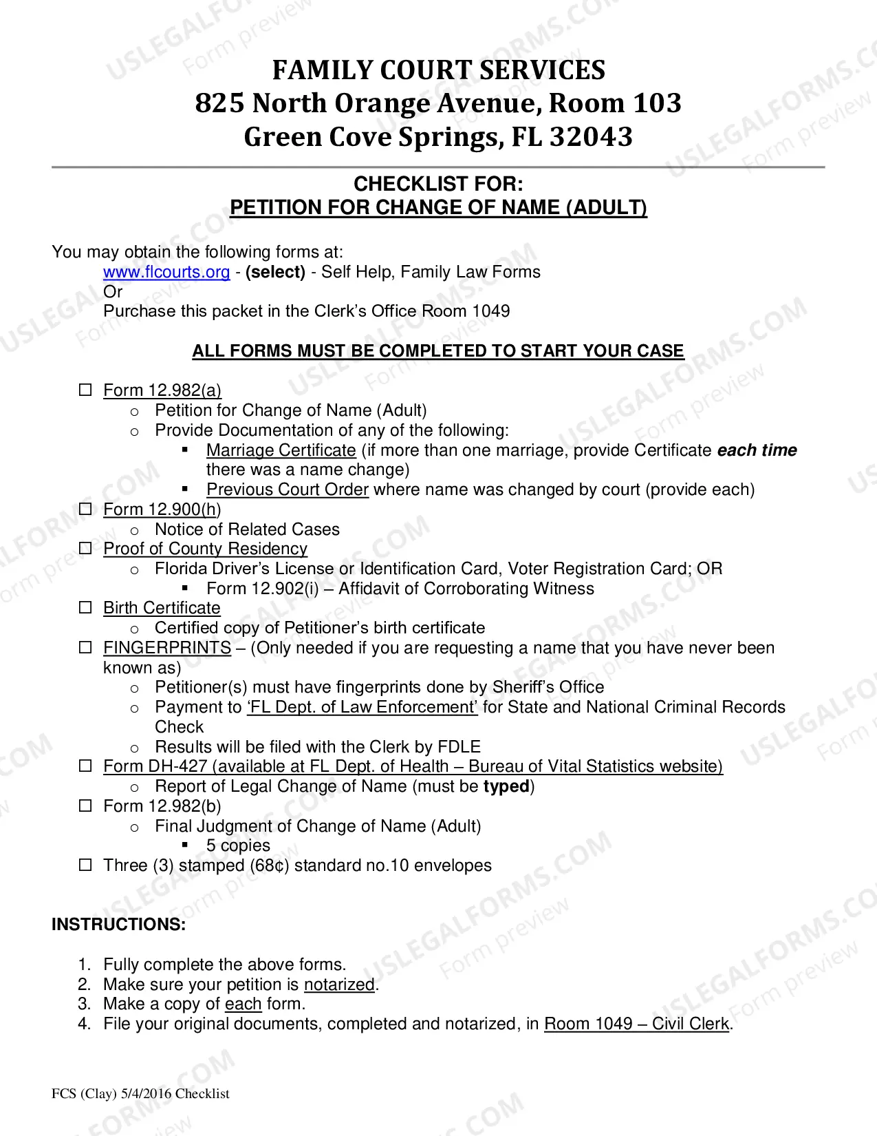 Preview Name Change Instructions and Forms for an Adult in Clay County Only