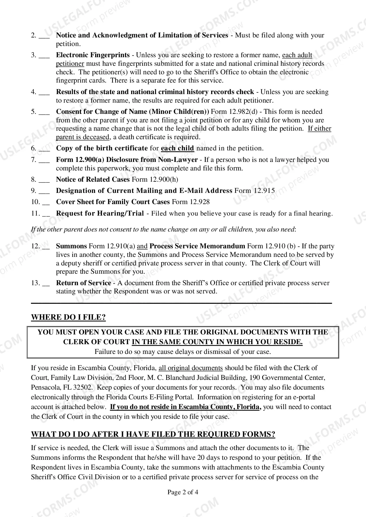 Preview Instructions for Filing Petition for Change of Name of Minor in Escambia County Only
