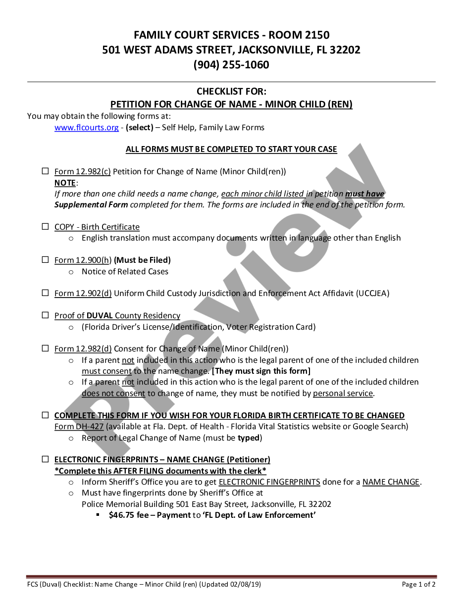 Florida Name Change Instructions And Checklist For Minor Child In Duval 