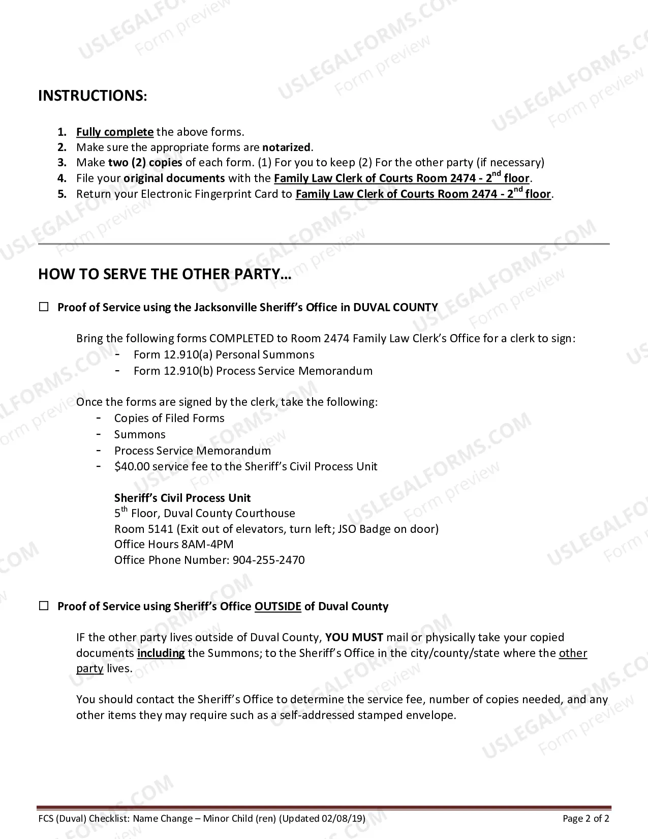 Preview Name Change Instructions and Checklist for Minor Child in Duval County Only